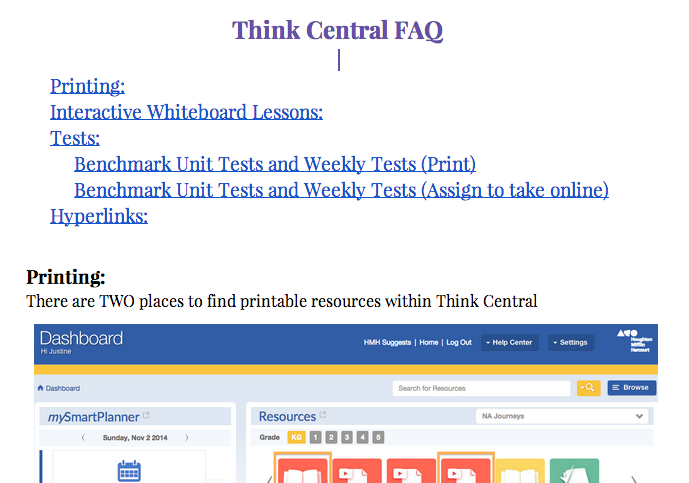 Screenshot of Google document about Think Central website